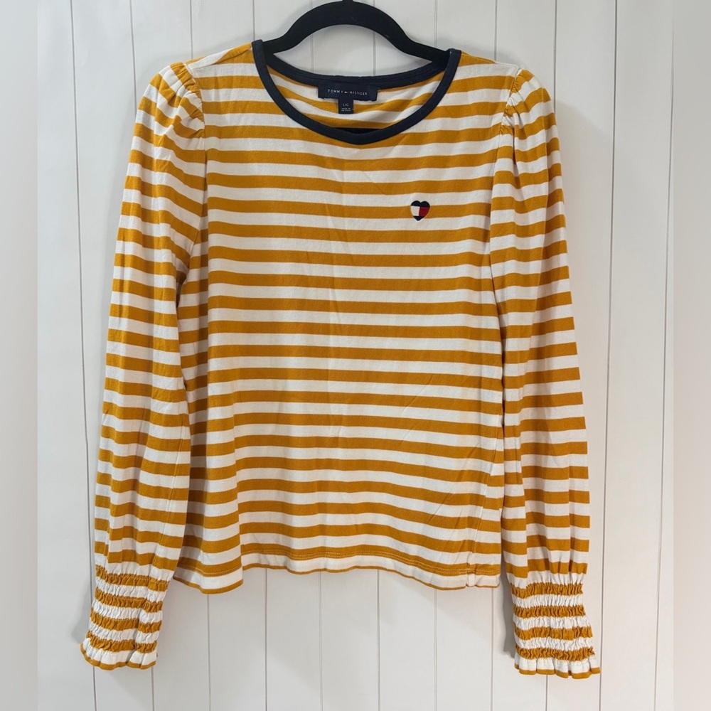 Tommy Hilfiger Women's Yellow Stripe Puff Sleeve Heart Logo Top